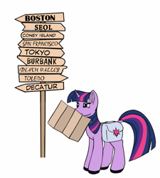 Size: 899x1000 | Tagged: safe, artist:redquoz, character:twilight sparkle, character:twilight sparkle (unicorn), species:pony, species:unicorn, newbie artist training grounds, atg 2019, confused, crossover, female, lost, m*a*s*h, map, mare, road sign, saddle bag, simple background, solo, white background
