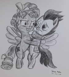 Size: 2448x2725 | Tagged: safe, artist:rockhoppr3, character:cozy glow, character:rumble, species:pony, bad touch, colt, do not want, female, filly, hape, high res, hug, male, monochrome, personal space invasion, this will end in tears, traditional art