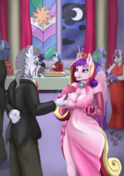 Size: 1447x2047 | Tagged: safe, artist:mik3thestrange, character:princess cadance, character:shining armor, oc, species:alicorn, species:anthro, species:bat pony, species:pony, species:unicorn, species:zebra, alcohol, anthro oc, arm behind back, bat pony oc, bedroom eyes, big breasts, breasts, busty princess cadance, canon x oc, cleavage, clothing, commission, dress, eating, evening gloves, female, glass, gloves, hand behind back, lidded eyes, long gloves, male, open mouth, smiling, suit, table, talking, uniform, wine, wine glass, zebra oc
