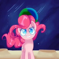 Size: 2000x2000 | Tagged: safe, artist:andromedasparkz, character:pinkie pie, species:earth pony, species:pony, newbie artist training grounds, atg 2019, confident, crater, earth, female, mare, moon, planet, shooting star, solo, space, stars