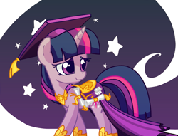 Size: 1927x1474 | Tagged: safe, artist:andromedasparkz, character:twilight sparkle, character:twilight sparkle (unicorn), species:pony, species:unicorn, newbie artist training grounds, atg 2019, clothing, cute, female, graduation cap, hat, looking back, mare, outfit, saddle, shy, solo, stars, tack, younger