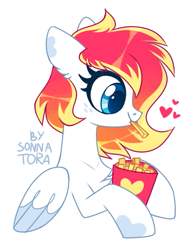 Size: 571x737 | Tagged: safe, artist:sonnatora, oc, oc:spectrum beam, species:pony, eating, female, floating heart, food, french fries, heart, mare, pegasus oc, solo