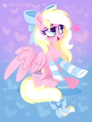 Size: 756x1000 | Tagged: safe, alternate version, artist:sonnatora, oc, oc only, oc:bay breeze, species:pegasus, species:pony, blushing, bow, chest fluff, clothing, cute, ear fluff, female, hair bow, mare, open mouth, socks, striped socks, tail bow
