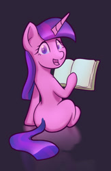 Size: 775x1187 | Tagged: safe, artist:stratodraw, character:twilight sparkle, character:twilight sparkle (unicorn), species:pony, species:unicorn, black background, book, female, looking at you, looking back, looking back at you, mare, missing cutie mark, simple background, sitting, solo, that pony sure does love books