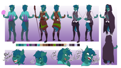 Size: 8431x4742 | Tagged: safe, artist:mylittlesheepy, oc, oc only, oc:poison trail, species:anthro, species:plantigrade anthro, anthro oc, cape, clothing, color palette, cotton candy, dagger, jewelry, pendant, potion, reference, reference sheet, shoes, smoke bomb, solo, staff, tail, weapon