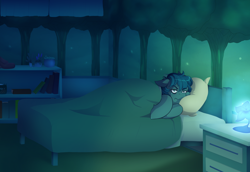Size: 4000x2747 | Tagged: safe, artist:mylittlesheepy, oc, oc only, oc:poison trail, species:earth pony, species:pony, bed, bedroom, blanket, book, insomnia, lamp, pillow, plant, solo