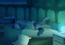 Size: 4000x2747 | Tagged: safe, artist:mylittlesheepy, oc, oc only, oc:poison trail, species:earth pony, species:pony, bed, bedroom, blanket, book, lamp, pillow, plant, sleeping, snoring, solo