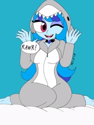 Size: 1932x2576 | Tagged: safe, artist:c_w, character:sonata dusk, my little pony:equestria girls, barefoot, clothing, eyeshadow, feet, female, happy, jewelry, looking at you, makeup, one eye closed, pajamas, pendant, shark, smiling, solo