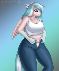 Size: 1233x1500 | Tagged: safe, artist:yutakira92, oc, oc only, oc:foxyhollows, species:anthro, species:pegasus, species:pony, anthro oc, belly button, big breasts, breasts, chubby, clothing, female, jeans, pants, plump, solo, wings, ych result