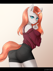 Size: 2976x3968 | Tagged: safe, artist:yutakira92, oc, oc only, species:anthro, species:pony, species:unicorn, ass, breasts, butt, clothing, female, horn, looking at you, mare, shhh, shorts, simple background, solo, teasing, ych result