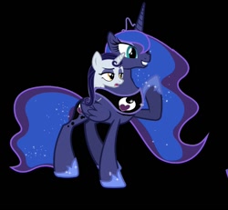 Size: 930x859 | Tagged: safe, artist:theunknowenone1, character:moonlight raven, character:princess luna, species:alicorn, species:pony, species:unicorn, 1000 hours in ms paint, black background, conjoined, female, fusion, mare, peytral, simple background, we have become one