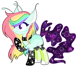 Size: 5800x5000 | Tagged: safe, artist:absolitedisaster08, oc, oc only, oc:ivy star, species:earth pony, species:pony, absurd resolution, alien, antennae, boots, choker, clothing, ear piercing, earring, female, jewelry, mare, multicolored hair, necklace, original species, piercing, rainbow hair, raised hoof, shoes, simple background, socks, solo, spiked choker, stars, transparent background