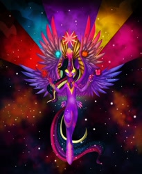 Size: 800x975 | Tagged: safe, artist:derpsonhooves, character:twilight sparkle, character:twilight sparkle (alicorn), species:alicorn, species:pony, butt wings, elements of harmony, epic, ethereal mane, female, floating, galaxy mane, glowing eyes, jewelry, multiple wings, peytral, rainbow power, regalia, semi-anthro, seraph, seraphicorn, solo, space, spread wings, stars, ultimate twilight, watermark, wings
