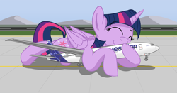 Size: 1024x535 | Tagged: safe, artist:buckweiser, character:twilight sparkle, character:twilight sparkle (alicorn), species:alicorn, species:pony, airport, boeing 777, cute, equestrian airlines, female, giant pony, hug, macro, mega twilight sparkle, plane, snuggling, solo, twiabetes