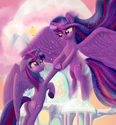 Size: 2882x3099 | Tagged: safe, artist:greenbrothersart, character:tree of harmony, character:treelight sparkle, character:twilight sparkle, character:twilight sparkle (alicorn), species:alicorn, species:pony, clothing, crying, female, looking at each other, mare, open clothes, treehouse of harmony, treelight sparkle, twolight