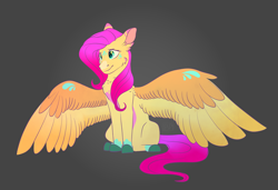 Size: 3800x2600 | Tagged: safe, artist:glitterstar2000, character:fluttershy, species:pegasus, species:pony, cheek fluff, chest fluff, colored belly, colored fetlocks, colored hooves, colored wings, ear fluff, female, gradient background, head tilt, mare, shoulder feathers, sitting, snip (coat marking), solo, spread wings, three quarter view, wings