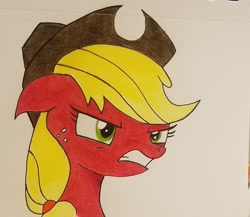 Size: 1614x1399 | Tagged: safe, artist:polar_storm, character:applejack, species:earth pony, species:pony, angry, clothing, colored sketch, female, freckles, green eyes, hat, red face, simple background, solo, traditional art, white background