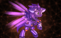 Size: 1500x938 | Tagged: safe, artist:lunar froxy, patreon reward, oc, oc only, oc:shadow galaxy, species:pegasus, species:pony, commission, floppy ears, flying, patreon, robot, robot pony, smiling, solo, spread wings, wings