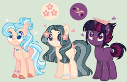 Size: 1036x676 | Tagged: safe, artist:nocturnal-moonlight, base used, oc, oc only, oc:aqua tide, oc:northern star, oc:willow blossom, parent:fluttershy, parent:marble pie, parent:pinkie pie, parent:princess skystar, parent:tempest shadow, parent:twilight sparkle, parents:marbleshy, parents:skypie, parents:tempestlight, species:earth pony, species:pegasus, species:pony, species:unicorn, blushing, cloven hooves, female, flower, flower in hair, hybrid, interspecies offspring, magical lesbian spawn, mare, offspring, simple background, trio