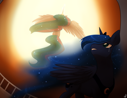 Size: 900x695 | Tagged: safe, artist:mylittlesheepy, character:princess celestia, character:princess luna, species:alicorn, species:pony, backlighting, balcony, crying, duo, duo female, female, looking back, mare, sisters