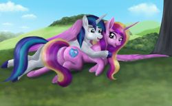 Size: 3300x2052 | Tagged: safe, artist:greenbrothersart, character:princess cadance, character:shining armor, species:alicorn, species:pony, species:unicorn, ship:shiningcadance, anatomically incorrect, barehoof, butt, cuddling, eye contact, female, grass, gray background, hug, husband and wife, incorrect leg anatomy, looking at each other, lovebutt, male, mare, married couple, missing accessory, open mouth, outdoors, plot, prone, shipping, simple background, smiling, spread wings, stallion, straight, tree, underhoof, winghug, wings