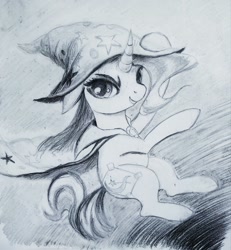 Size: 922x1000 | Tagged: safe, artist:ponsce, character:starlight glimmer, species:pony, cape, clothing, fake cutie mark, female, hat, monochrome, solo, traditional art, trixie's cape, trixie's hat