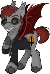 Size: 500x741 | Tagged: safe, artist:mychelle, species:bat pony, species:pony, clothing, cloven hooves, crowley, demon, good omens, male, ponified, simple background, solo, stallion, sunglasses, transparent background