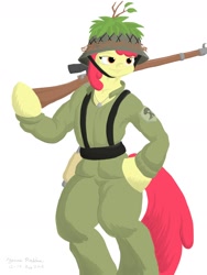 Size: 1800x2400 | Tagged: safe, artist:rockhoppr3, character:apple bloom, clothing, colored, dog tags, female, gun, helmet, hoof hands, rifle, semi-anthro, signature, simple background, sniper rifle, solo, uniform, weapon, world war ii