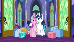 Size: 1280x720 | Tagged: safe, artist:chainchomp2 edit, edit, edited screencap, editor:slayerbvc, screencap, character:princess cadance, character:shining armor, species:alicorn, species:pony, species:unicorn, ship:shiningcadance, episode:the one where pinkie pie knows, g4, my little pony: friendship is magic, accessory-less edit, barehoof, female, hoof around neck, luggage, male, mare, missing accessory, shipping, simple background, stallion, straight, suitcase, twilight's castle, vector, vector edit