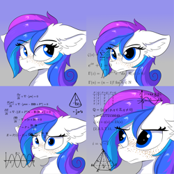 Size: 1500x1500 | Tagged: safe, artist:lunar froxy, patreon reward, oc, oc only, oc:spectral bolt, species:pegasus, species:pony, brazil, brazilian meme, bust, calculus, chart, chest fluff, cute, ear fluff, eye clipping through hair, fancy mathematics, featured on derpibooru, female, floppy ears, fluffy, freckles, frown, geometry, gradient background, graph, looking at you, looking sideways, looking up, mare, math, math lady meme, meme, number, ocbetes, patreon, ponified meme, raised eyebrow, simple background, solo, text, thinking, weapons-grade cute, wide eyes
