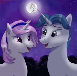 Size: 2242x2219 | Tagged: safe, artist:greenbrothersart, character:fancypants, character:fleur-de-lis, species:pony, species:unicorn, ship:fancyfleur, alternate hairstyle, eye reflection, female, hairband, looking at each other, male, mare, mare in the moon, moon, night, open mouth, reflection, shipping, smiling, stallion, stars, straight, younger