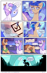 Size: 2301x3549 | Tagged: safe, artist:darlyjay, oc, oc only, oc:dazzle pin, oc:ginger gold, oc:sterling sentry, parent:applejack, parent:flash sentry, parent:pinkie pie, parent:pokey pierce, parent:trouble shoes, parent:twilight sparkle, parents:flashlight, parents:pokeypie, parents:troublejack, species:pony, species:unicorn, comic:save the harmony, bow, comic, crystal empire, female, hair bow, high res, laughing, magic, mare, offspring, quill
