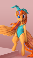 Size: 1152x2054 | Tagged: safe, artist:stratodraw, oc, oc only, oc:cold front, species:pegasus, species:pony, bunny ears, bunny suit, clothing, crossdressing, leotard, looking at you, male, semi-anthro, smiling, standing