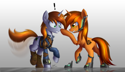 Size: 2500x1444 | Tagged: safe, artist:duskie-06, oc, oc only, oc:duskie, oc:littlepip, species:pony, species:unicorn, fallout equestria, boop, clothing, duo, exclamation point, fanfic, fanfic art, female, grin, gritted teeth, hooves, horn, mare, pipbuck, simple background, smiling, vault suit, white background