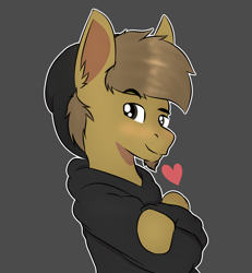 Size: 2520x2731 | Tagged: safe, artist:almond evergrow, oc, oc only, oc:almond evergrow, species:earth pony, species:pony, beanie, black hoodie, brown horse, clothing, geek, hat, heart, solo