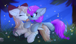 Size: 1920x1120 | Tagged: safe, artist:lunar froxy, oc, oc only, oc:moonlightbliss, species:pegasus, species:pony, species:unicorn, boop, bow, eye clipping through hair, female, flower, grass, hair bow, mare, night, night sky, noseboop, scrunchy face, sky, smiling