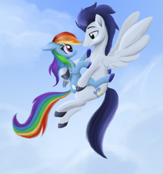 Size: 3093x3300 | Tagged: safe, artist:greenbrothersart, character:rainbow dash, character:soarin', species:pony, ship:soarindash, broken wing, female, flying, hug, injured, male, shipping, straight, wings