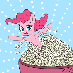 Size: 1000x1000 | Tagged: safe, artist:yinglongfujun, character:pinkie pie, species:earth pony, species:pony, bowl, female, food, happy, rice, solo