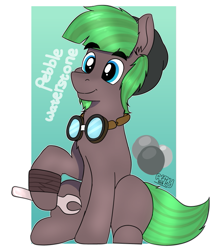 Size: 671x790 | Tagged: safe, artist:almond evergrow, oc, oc:pebble waterstone, species:earth pony, species:pony, goggles, male, mechanic, solo, stallion, wrench