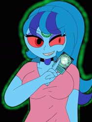 Size: 1932x2576 | Tagged: safe, artist:c_w, character:sonata dusk, my little pony:equestria girls, big breasts, breasts, busty sonata dusk, corrupted, evil grin, eyeshadow, female, glowing outline, grin, jewelry, looking at you, makeup, pendant, possessed, psychonata dusk, red eyes, seal of orichalcos, smiling, solo, yu-gi-oh!, yugioh card