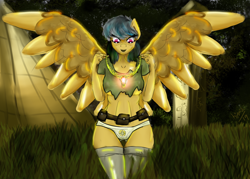 Size: 2944x2112 | Tagged: safe, artist:hippik, character:daring do, species:anthro, species:pegasus, species:pony, breasts, clothing, cutie mark underwear, jewelry, necklace, panties, short shirt, spread wings, torn clothes, underboob, underwear, white underwear, wings