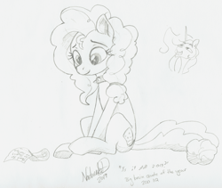 Size: 2767x2334 | Tagged: safe, artist:nadnerbd, character:pear butter, species:earth pony, species:pony, collar, female, grin, letter, looking down, mare, monochrome, sitting, sketch, smiling, solo focus, spiked collar, traditional art