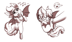Size: 1368x800 | Tagged: safe, artist:28gooddays, species:bat pony, species:pony, biting, collar, commission, dock, ear fluff, female, hand, human and pony, looking at you, monochrome, on back, pet tag, pony pet, wings, ych example, ych sketch, your character here