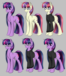 Size: 1280x1453 | Tagged: safe, artist:renarde-louve, character:moondancer, character:twilight sparkle, character:twilight sparkle (unicorn), species:pony, species:unicorn, accessory swap, clothing, female, glasses, gray background, hoodie, mare, simple background