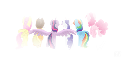 Size: 5000x2400 | Tagged: safe, artist:glitterstar2000, character:applejack, character:fluttershy, character:pinkie pie, character:rainbow dash, character:rarity, character:twilight sparkle, character:twilight sparkle (alicorn), species:alicorn, species:pony, clothing, cowboy hat, fading, female, hat, mane six, mare, rear view, stetson