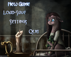 Size: 1875x1500 | Tagged: safe, artist:28gooddays, character:gummy, character:pinkamena diane pie, character:pinkie pie, species:earth pony, species:pony, american mcgee's alice, bandage, bed, candle, crossover, female, menu, menu screen, solo