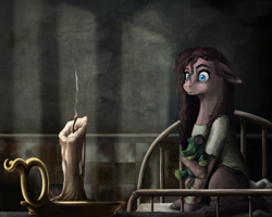 Size: 1875x1500 | Tagged: safe, alternate version, artist:28gooddays, character:gummy, character:pinkamena diane pie, character:pinkie pie, species:earth pony, species:pony, american mcgee's alice, bandage, bed, candle, crossover, female, menu screen, solo