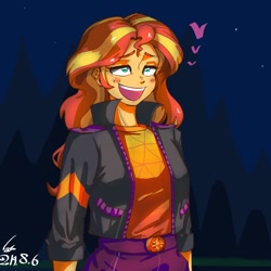 Size: 1000x1000 | Tagged: safe, artist:sozglitch, character:sunset shimmer, equestria girls:sunset's backstage pass, g4, my little pony: equestria girls, my little pony:equestria girls, spoiler:eqg series (season 2), ahegao, blushing, clothing, female, geode of empathy, heart, jacket, leather jacket, magical geodes, open mouth, palindrome get, scene interpretation, solo