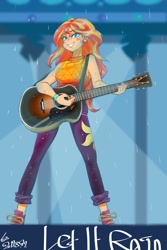 Size: 1000x1500 | Tagged: safe, artist:sozglitch, character:sunset shimmer, episode:let it rain, g4, my little pony: equestria girls, my little pony:equestria girls, spoiler:eqg series (season 2), female, guitar, musical instrument, smiling, solo