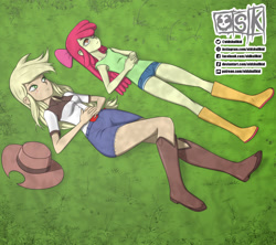Size: 1559x1386 | Tagged: safe, artist:oldskullkid, character:apple bloom, character:applejack, my little pony:equestria girls, apple sisters, boots, clothing, cowboy boots, cowboy hat, cute, duo, female, hat, jeans, looking up, lying down, on back, pants, shirt, shoes, shorts, siblings, sisters, skirt